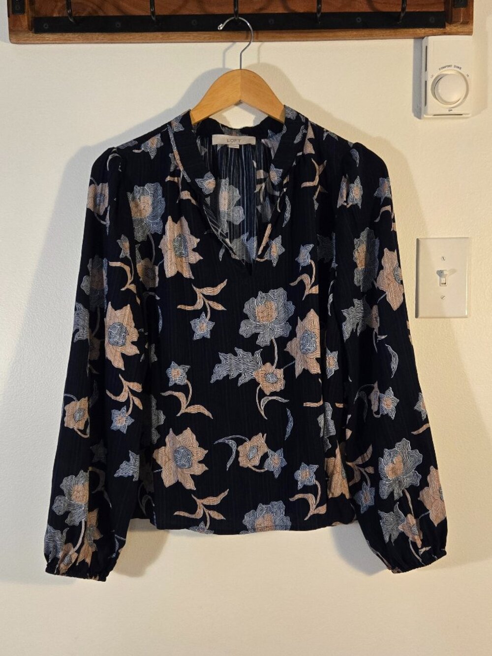 LOFT | Navy Blue Floral Split Neck Top - Picture 2 of 5